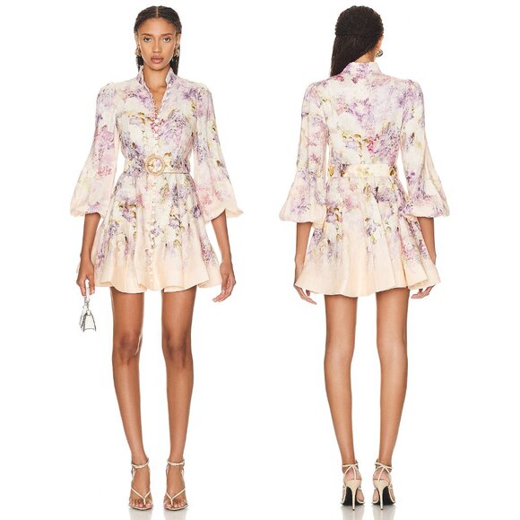 Zimmermann Lyrical Belted Linen Mini Dress In Dreamy Floral Size AU 2 US 8 - Picture 1 of 15